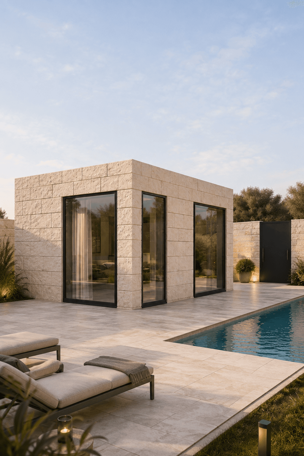 modusuite modular villa exterior with a poolside setting
