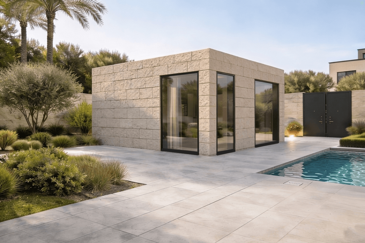 modusuite modular villa exterior with a poolside setting